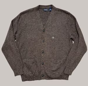 CHAPS Mens Large Knit Cardigan Sweater Button Up Cotton Brown Grandpa Academia